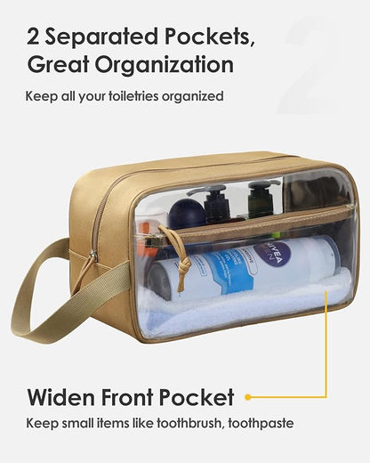 TACTICISM Clear Toiletry Bag for Men - Large Capacity Travel Bag with Handle, See Through Bag with 2 Pockets, Brown