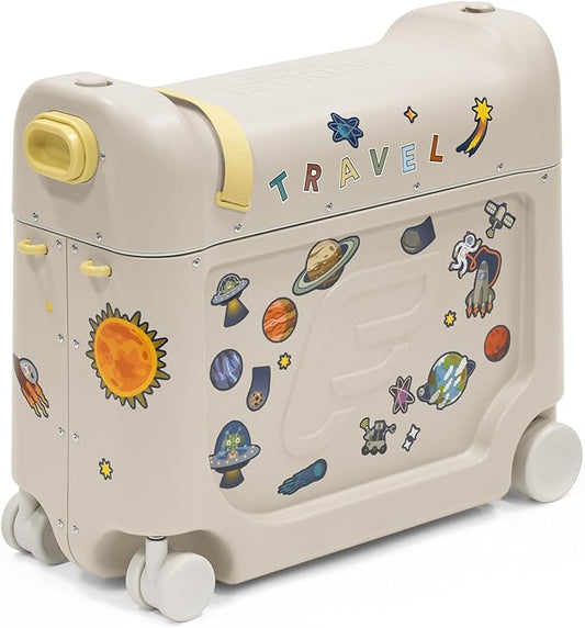 Stokke JetKids BedBox, Moonglow White - Ride-On Suitcase for Kids 2-7 Years Old (up to 77 lbs) - Transforms Into Bed - Includes Mattress, Decorative Stickers & Adjustable Carrying Strap