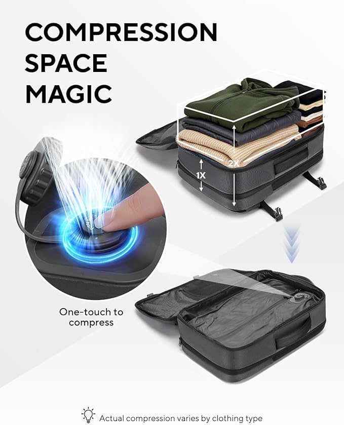 Dinictis Vacuum Seal Travel Backpack 60L Built-in Pump, Expandable Backpack with Vacuum Compression Fits 17 inch Laptop, Water Resistant Carry On Suitcase Luggage for Short Trip and Business-Dark Grey