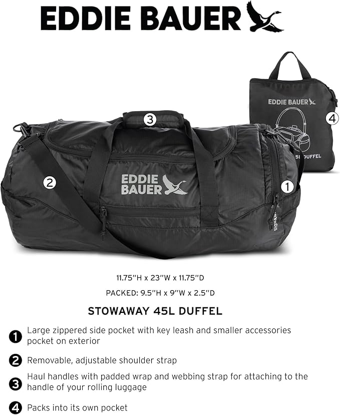 Eddie Bauer Stowaway Packable Duffel Bag | Travel | Foldable | Lightweight | Durable | Ripstop Polyester