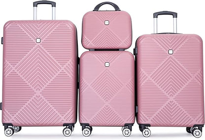 Luggage 4 Piece Set, Hardshell ABS Suitcase Set with Double Spinner Wheels, Lightweight Durable Large Luggage set, Carry On and Checked Travel Luggage, Pink