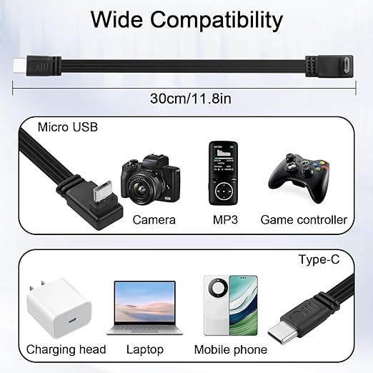 Flexible USB Type-C to Micro USB Cable,90 Degree Micro 5pin to USB C Flat Data Cable,Type C-to-Micro Short Flat Cable Supporting Charging& DataTransfer,for Phone,Camera,Laptop-30CM(Up)