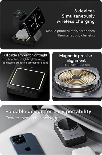 2025 Upgraded 3-in-1 Wireless Charger for iPhone,Travel Magnetic Charger Stand Nightlight Foldable Wireless Charging Station Compatible with Magsafe Charger&iPhone 17/16/15/14/13,Apple Watch&AirPods