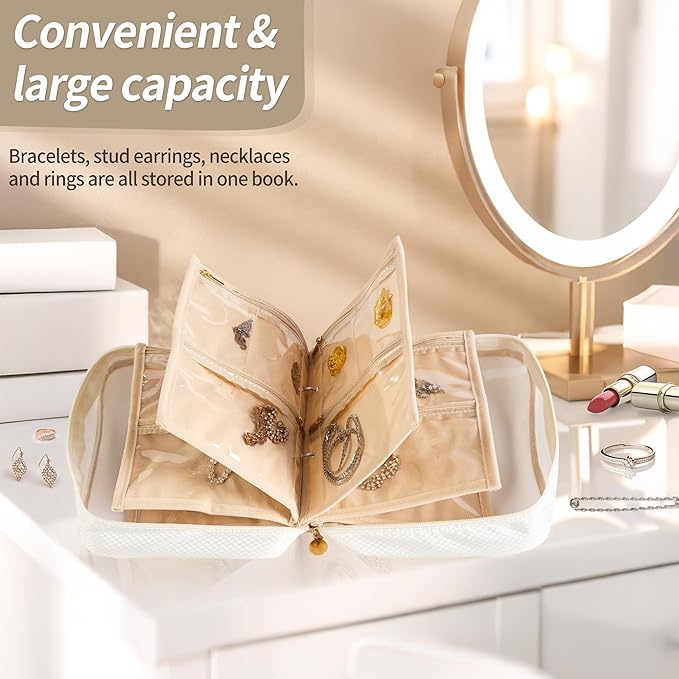 Travel Jewelry Organizer Case with Multiple Clear Zipper Pockets - Ring Binder Style Storage Bag for Necklaces, Earrings, Rings, Bracelets, Ideal for Gifts & Travel(beige)
