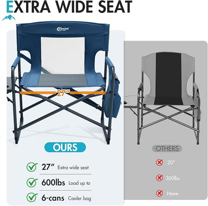 PORTAL 27" Oversized Director Camping Chair with Cooler, Heavy Duty Folding Chair for Adults Supports 600 LBs, Portable Outdoor Chairs for Outside Sports, Camping, Concert