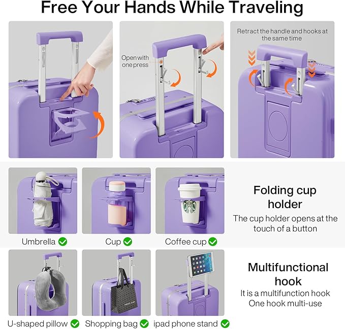 mixi Large Checked Luggage with Cup Phone Holder and Charger Hard Shell Suitcases with Spinner Wheels, 24 Inch Lilac Purple