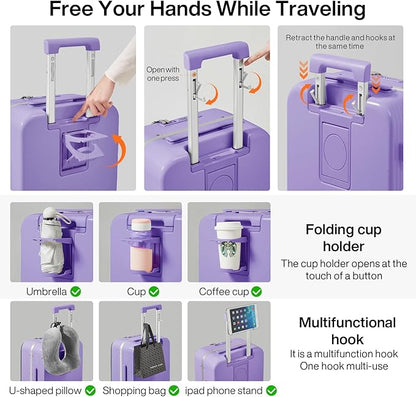 mixi Large Checked Luggage with Cup Phone Holder and Charger Hard Shell Suitcases with Spinner Wheels, 26 Inch Lilac Purple