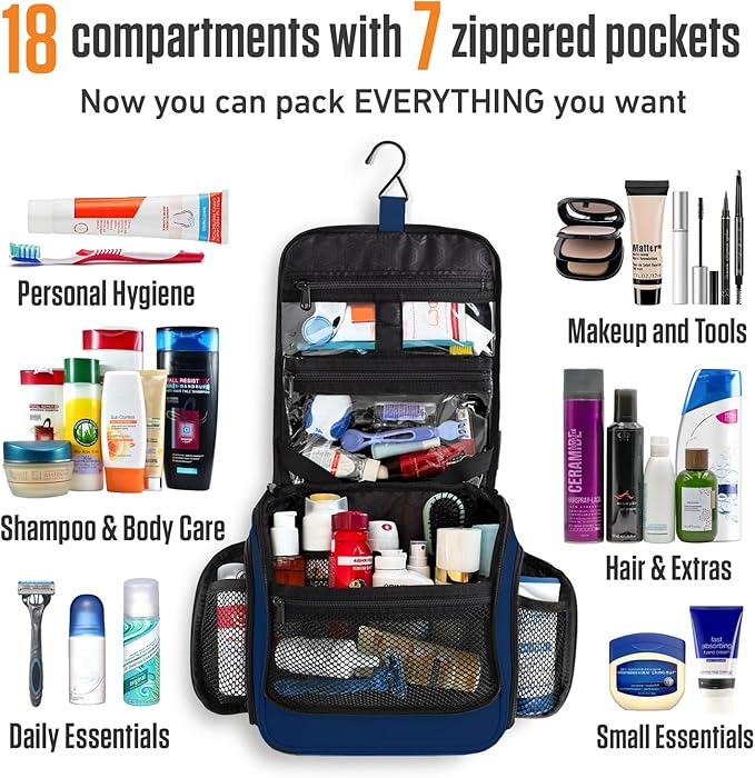 VENTURE 4TH Hanging Travel Toiletry Bag for Women & Men – Large Toiletry Organizer with 18 Compartments, Removable TSA Pouch, Travel Wash Bag for Toiletries, Makeup & Shaving Kit (Navy Blue)