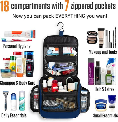 VENTURE 4TH Hanging Travel Toiletry Bag for Women & Men – Large Toiletry Organizer with 18 Compartments, Removable TSA Pouch, Travel Wash Bag for Toiletries, Makeup & Shaving Kit (Navy Blue)