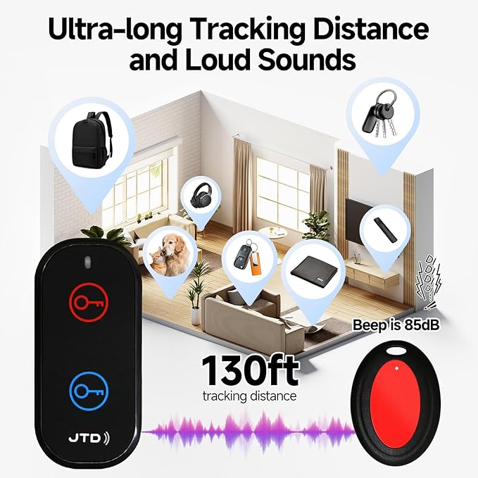 JTD Key Finder with 2 Receivers, 1 Lost Wireless Car Tracker Keychain 130ft 85dB RF Keys Locator Tracker for Finding Wallet, Key, Pet,TV Remote Control, No Phone, Mobile App Required