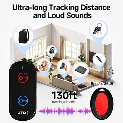 JTD Key Finder with 2 Receivers, 1 Lost Wireless Car Tracker Keychain 130ft 85dB RF Keys Locator Tracker for Finding Wallet, Key, Pet,TV Remote Control, No Phone, Mobile App Required