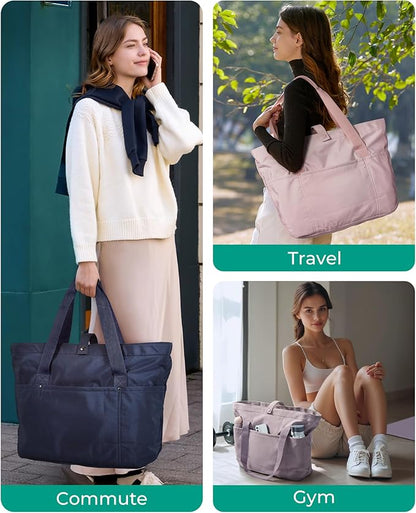 BAGSMART Tote Bag for Women, Foldable Tote Bag With Zipper Travel Large Shoulder Bag Handbag for Work-16.5''l X 6''wx 14''h