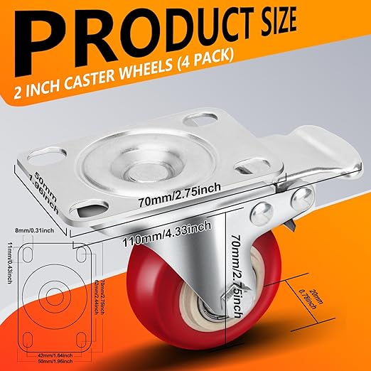 Caster Wheels 2 Inch, Heavy Duty Caster Wheels Set of 4, Swivel Castor Wheels with Dual Locking Brakes, Silent Polyurethane (PU), 360° Rotation, for Furniture and Workbench, Load 600lbs