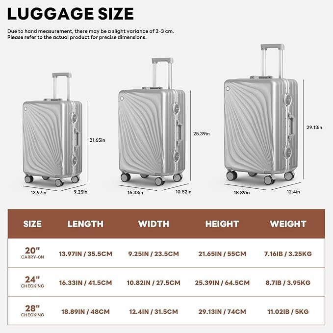 3-Piece Hardside Luggage Sets Aluminum Frame, 20+24+28 Inch Suitcases with USB Charging Port, Foldable Cup Holder, TSA Locks & Spinner Wheels for Travel, Silver