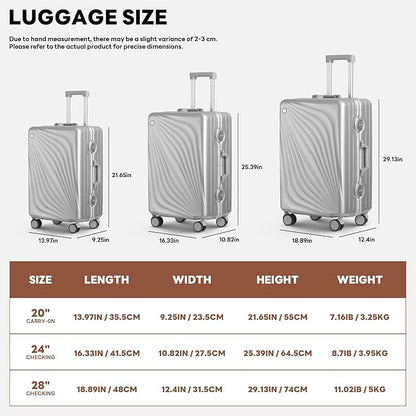 3-Piece Hardside Luggage Sets Aluminum Frame, 20+24+28 Inch Suitcases with USB Charging Port, Foldable Cup Holder, TSA Locks & Spinner Wheels for Travel, Silver