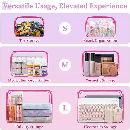 TISRATOK 12 PCS Clear Makeup Bag for Women with Zipper, TSA Approved Toiletry Pouch, Cosmetic Bag Bulk for Travel Organizer Essentials - Rose Red, Large