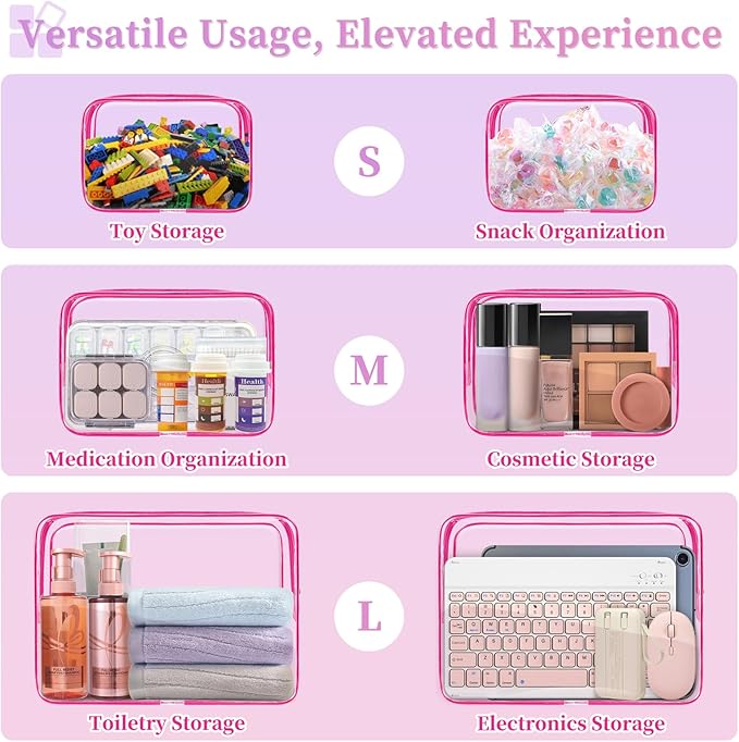 TISRATOK 12 PCS Clear Makeup Bag for Women with Zipper, TSA Approved Toiletry Pouch, Cosmetic Bag Bulk for Travel Organizer Essentials - Rose Red, Small