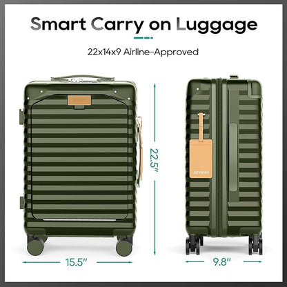 Joyway 20 Inch Carry on Luggage with Front Pocket, PC Hardshell Carry-on Suitcase with USB Port and Cup Holder, 21.5x14.2x9 Airline Approved, Luggage with Spinner Wheels and TSA Lock(Dark Green)