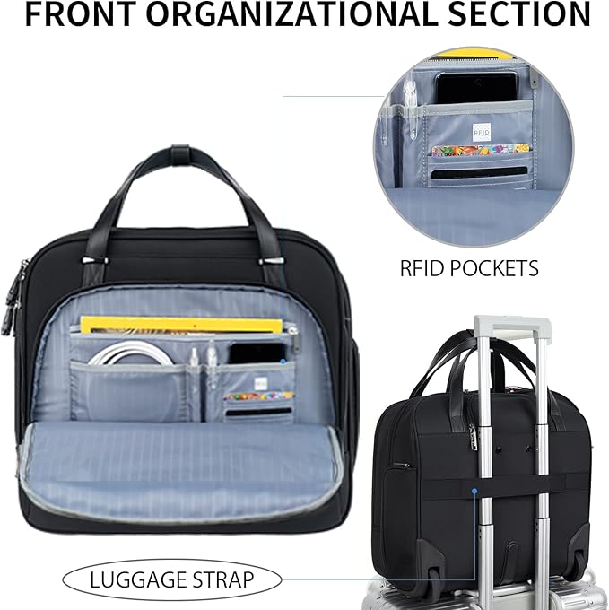EMPSIGN Rolling Laptop Bag Women with Wheels, Briefcase for Women Fits Up to 15.6 Inch Laptop Briefcase on Wheels, Water-Repellent Overnight Rolling Computer Bag with RFID Pockets, Black