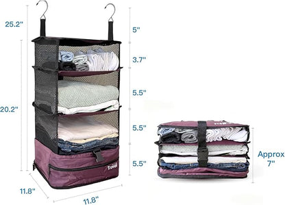 Grand Fusion Stow-N-Go Travel Luggage Organizer – Portable Hanging Travel Shelves, Carry-On Closet Organizer, Hanging Packing Cubes, Collapsible Carry-On Organizer for Cruises & Hotels. Burgundy - L
