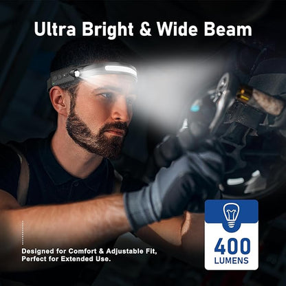 Rechargeable LED Headlamp, 400 Lumens, 230° Wide Beam, USB-C, IPX4, 5 Modes — Lightweight, Adjustable Headband; Hard Hat Clips for Camping, Hiking, Running, Repairs & Gift (4 pack, Black)