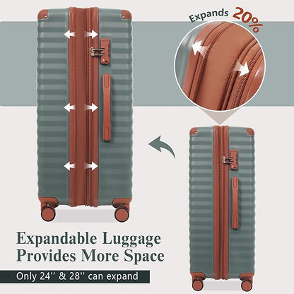 Merax Luggage Sets 3 Piece Front Opening, Hardside Lightweight Carry on Suitcase with Cup Holder USB Port,Durable Expandable Luggage with Bags Spinner Wheels and TSA Lock,Grey Green