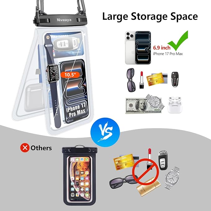 Niveaya [Up to 10.5"]Waterproof Phone Pouch - 2 Pack, Waterproof Phone Lanyard Case with iPhone 16/15/14/13/12 Pro Max up to 9.5", Phone Dry Bags for Vacation Beach Pool Kayak Cruise Travel Essentials