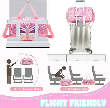 Kids Pink Butterfly Luggage with Wheels Suitcases Travel Softside Suitcases 16" Carry on Suitcase with Duffle Bag Luggage Sets Airline Approved