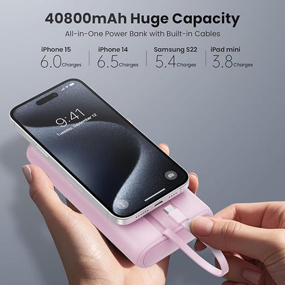 Upgraded Portable Charger 40800mAh Power Bank - Portable Battery with 2 Built in Cables,PD 25W USB C Fast Charging Battery Pack Compatible with iPhone 17 16 15 14 13 Android Phone Tablets etc-Pink