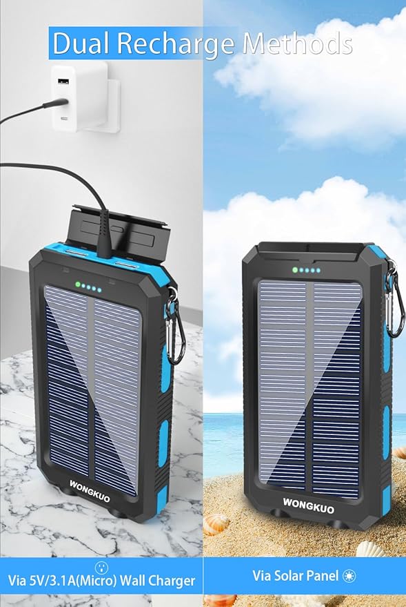 WONGKUO Solar Charger Power Bank - 36800mAh Solar Phone Charger, QC3.0 Fast Charger with LED Flashlight, IP65 Waterproof Portable Power Bank for Outdoor Activities (Blue)