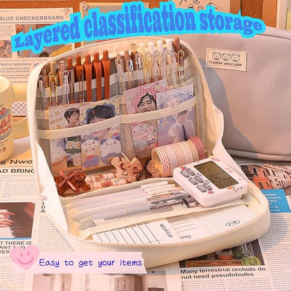 Pencil Case Pouch Box Cute Kawaii Large Capacity Aesthetic Zipper Pen Holder Organizer Bag for Office Workspace Supplies Desk Accessories Travel (Off-White)