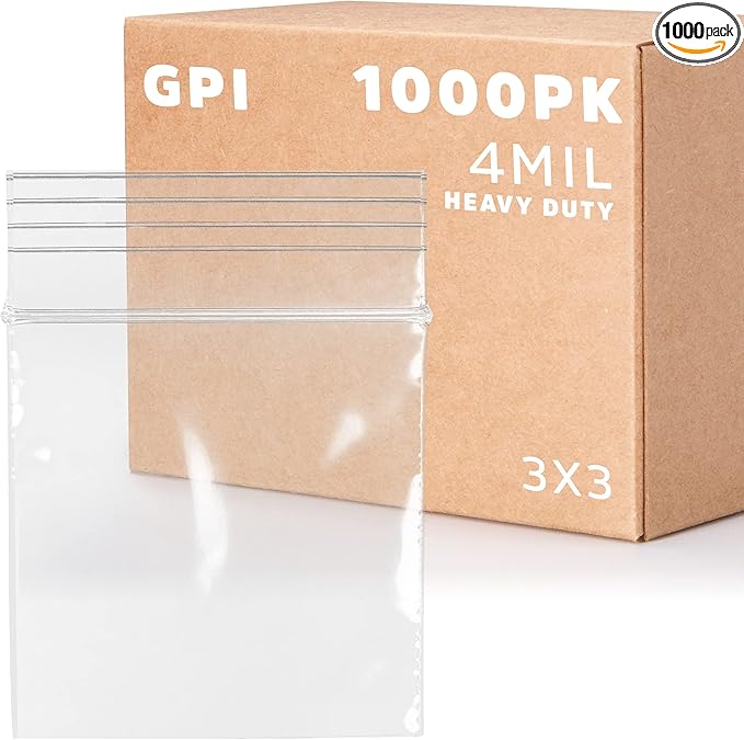 GPI - Case of 1000, 3" x 3" CLEAR PLASTIC RECLOSABLE ZIP BAGS - Heavy Duty, Bulk 4 mil Thick Strong & Durable Poly Baggies with Resealable Zip Top Lock For Travel, Storage, Packaging & Shipping