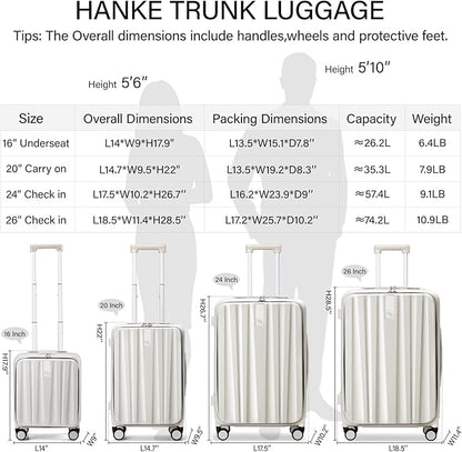 Hanke 24 Inch Checked Luggage PC Hard Case Luggage Top Opening Aluminum Frame Travel Luggage Suitcases with Wheels for Woman Men.(Ivory white)