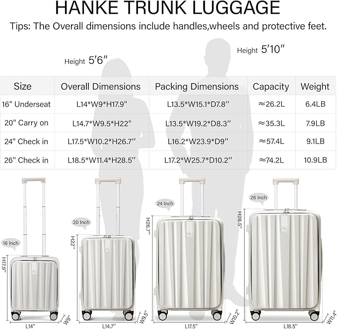 Hanke 20 Inch Carry On Luggage with Wheels PC Hard Shell Suitcase Top Opening Aluminum Frame Travel Luggage Suitcases for Woman Men Gifts.(Ivory White)