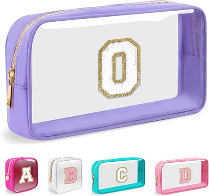 Small Clear Personalized Initial Makeup Bag,Preppy Nylon A-Z Chenille Letter Patch Makeup Organizer TSA Approved Travel Toiletry Bag,Waterproof Zip Beach Cosmetic Pouch Purse for Women(Purple-White O)