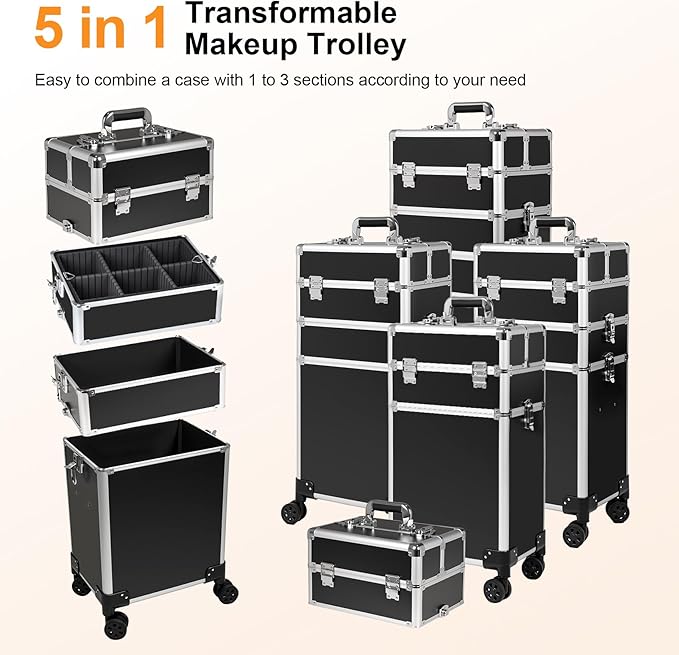 Professional Rolling Makeup Case, Cosmetology Case on Wheels 4 in 1 Large Cosmetic Train Case, Ideal Gift for Hairstylist, Nail Techs, Portable Beauty Organizer for Travel or Salon Use,Black Silver