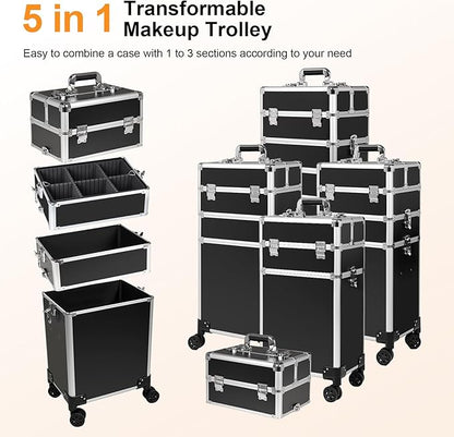 Professional Rolling Makeup Case, Cosmetology Case on Wheels 4 in 1 Large Cosmetic Train Case, Ideal Gift for Hairstylist, Nail Techs, Portable Beauty Organizer for Travel or Salon Use,Black Silver
