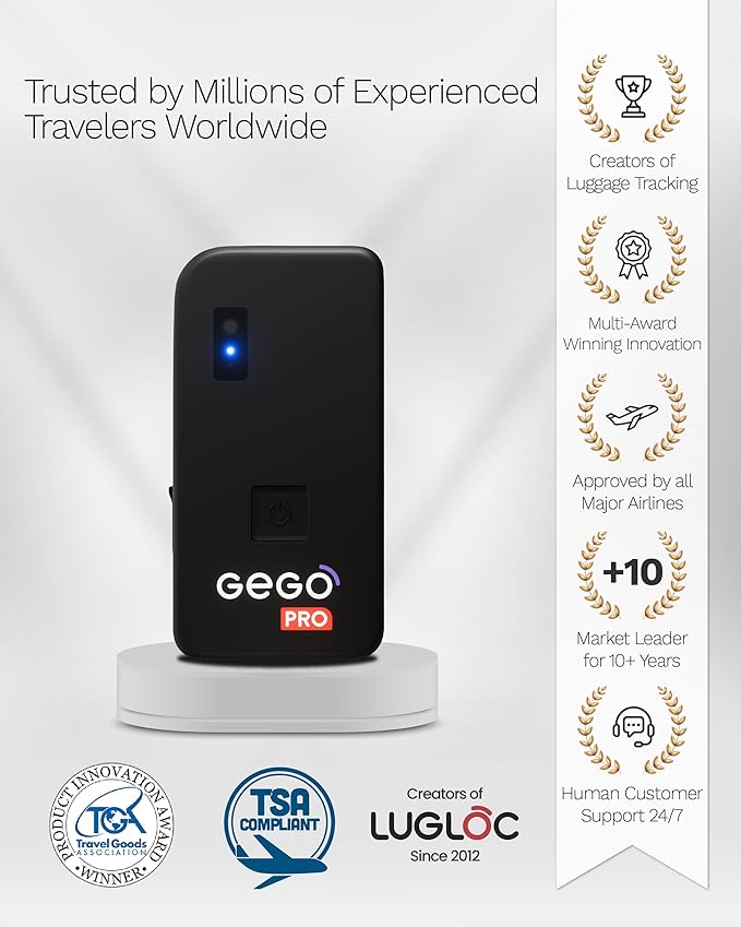 GEGO PRO – GPS Luggage Tracker Designed for Travel, Real-Time Global Tracking for Bags & Gear, Bag-Opening Alert, Worldwide Coverage, 4G LTE Connectivity, No BT Limits (Subscription Required)