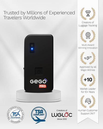 GEGO PRO – GPS Luggage Tracker Designed for Travel, Real-Time Global Tracking for Bags & Gear, Bag-Opening Alert, Worldwide Coverage, 4G LTE Connectivity, No BT Limits (Subscription Required)