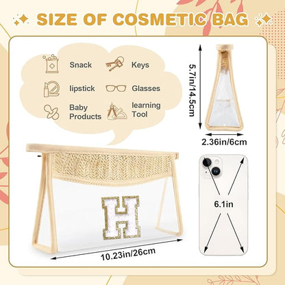 Personalized Initial Letter Bag Boho Straw Clear Makeup Bag,Small Cute Chenille Varsity Letter Pouch With Zipper,Beach Travel Toiletry,Portable Monogrammed Cosmetic Bag for Women Girls,H