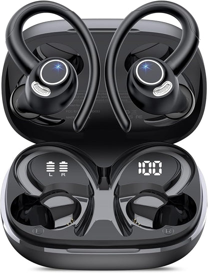 Wireless Earbuds, Bluetooth 5.4 Headphones Sport, Over Ear Buds With ENC Noise Cancelling Mic, 48H, Wireless Earphone With Earhooks, Stereo Deep Bass, IP7 Waterproof ear bud for Workout Running, Black