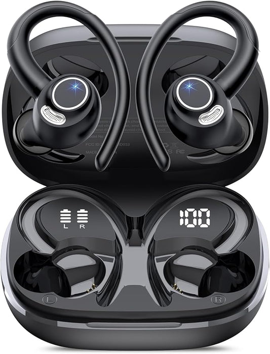 Wireless Earbuds, Bluetooth 5.4 Headphones Sport, Over Ear Buds With ENC Noise Cancelling Mic, 48H, Wireless Earphone With Earhooks, Stereo Deep Bass, IP7 Waterproof ear bud for Workout Running, Black