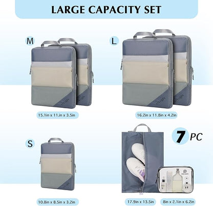 Lightweight Compression Packing Cubes for Suitcases, Compressible Expandable Travel Packing Organizer with Clear Toiletries and Backpack Bag, Travel Essentials for Carry on Luggage 7 Set