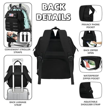 Diaper Bag Backpack for Dad and Men, Large Travel Baby Bag with Changing Pad, Pacifier Case, Removable Flag Patch - Baby Shower Gifts - Shadow Black