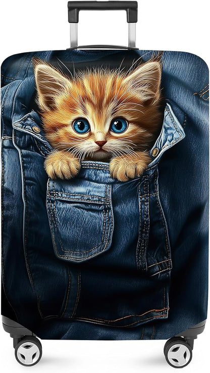 ANNA QUEEN Cute Kitten in Pocket Luggage Cover, Funny Cat Suitcase Protector with Denim Print, Stretchable & Washable Spandex Travel Cover for 28-30 Inch Luggage