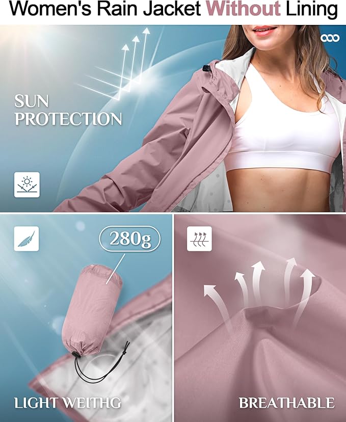 33,000ft Women's Waterproof Long Rain Coats Packable Rain Jacket with Hood Trench Coats Windbreaker