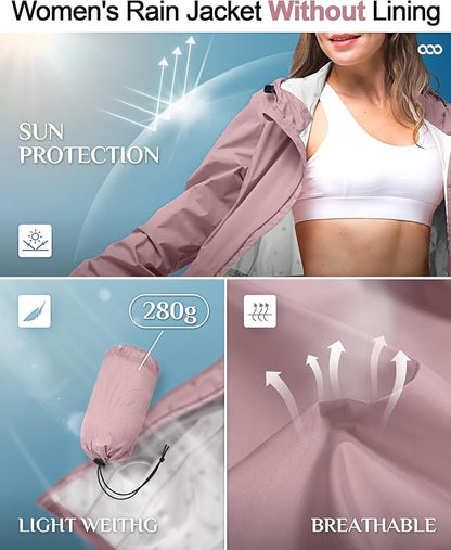 33,000ft Women's Waterproof Long Rain Coats Packable Rain Jacket with Hood Trench Coats Windbreaker