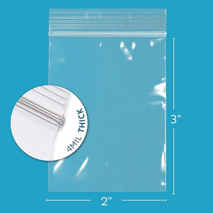 CLEAR PLASTIC REUSABLE ZIP BAGS - Bulk GPI Pack of 100, 2" x 3" 4mil Thick Heavy Duty, Strong & Durable Poly Baggies with Resealable Zip Top Lock For Travel, Storage, Packaging & Shipping.