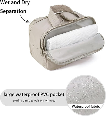 Travel Toiletry Bag for Women, Large Wide-open Puffy Cosmetic Makeup Bag with Wet-Dry Separation, Multi-Pocket Organizer with Carry Handle for Toiletries, Cosmetics, Essentials, Camel