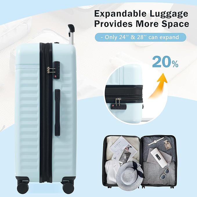 Merax Luggage Sets 2 Piece Front Opening, Hardside Lightweight Carry on Suitcase with USB Port,Durable Expandable Luggage with Bags Spinner Wheels and TSA Lock,Light Blue